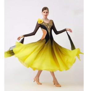 Customized size yellow gold black gradient competition ballroom dance dresses for women girls senior foxtrot waltz tango foxtrot smooth dance long gown